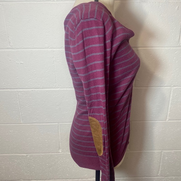 Rubbish Nordstrom Purple Plum Sweater with Gray Stripes & Brown Elbow Patches - Picture 3 of 11